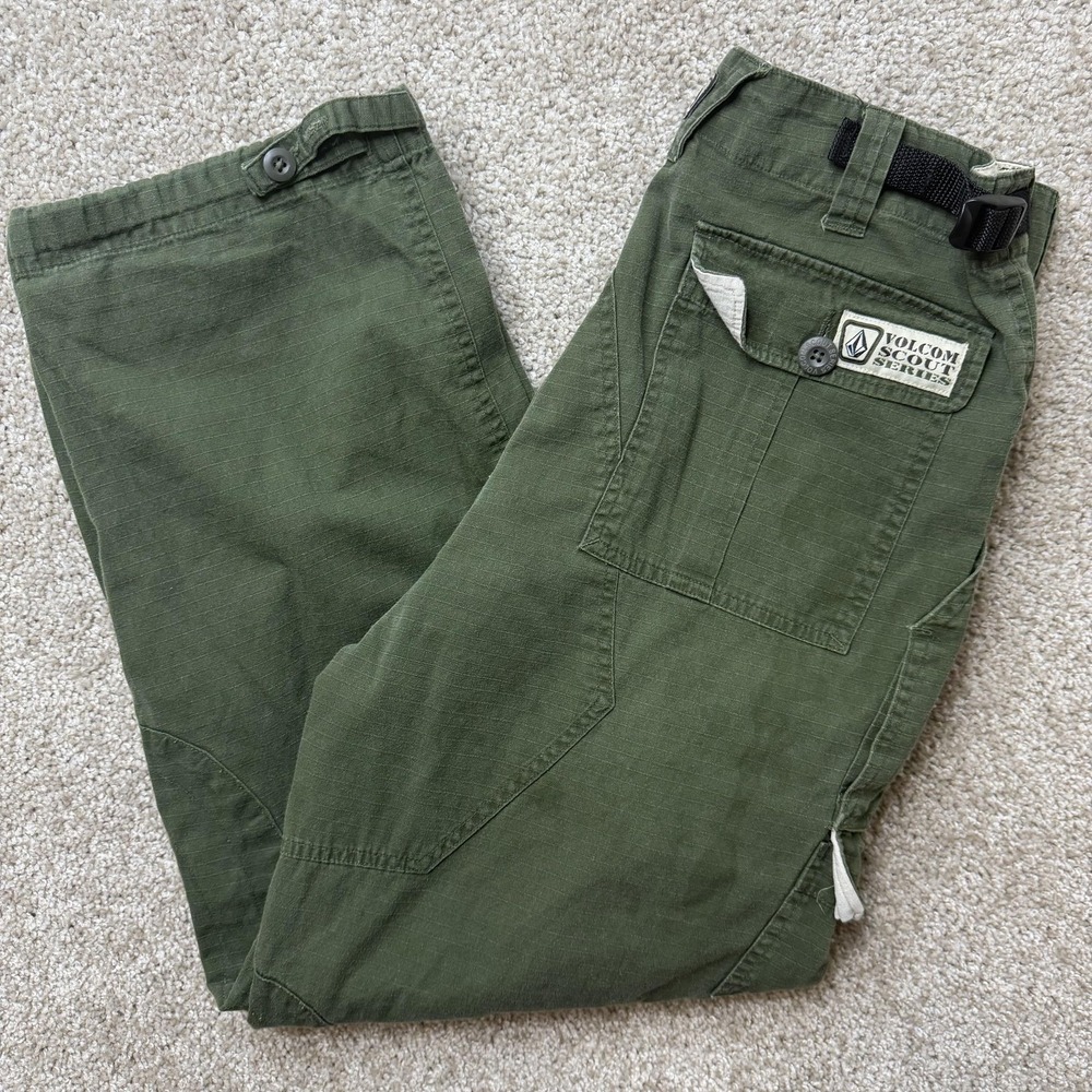 Y2K Volcom Scout Series Cargo Pants Mens 30x27 Green Canvas Adjustable Waist